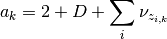 a_k = 2 + D + \sum_i \nu_{z_{i,k}}