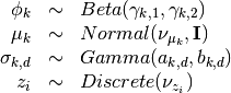 \begin{array}{rcl}
\phi_k   &\sim& Beta(\gamma_{k,1}, \gamma_{k,2}) \\
\mu_k   &\sim& Normal(\nu_{\mu_k},  \mathbf{I}) \\
\sigma_{k,d} &\sim& Gamma(a_{k,d}, b_{k,d}) \\
z_{i}     &\sim& Discrete(\nu_{z_i}) \\
\end{array}