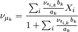 \nu_{\mu_k} = \frac{\sum_i \frac{\nu_{z_{i,k}}b_k}{a_k}X_i}{1+\sum_i \frac{\nu_{z_{i,k}}b_k}{a_k}}