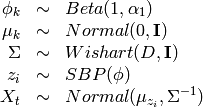 \begin{array}{rcl}
\phi_k   &\sim& Beta(1, \alpha_1) \\
\mu_k   &\sim& Normal(0,  \mathbf{I}) \\
\Sigma &\sim& Wishart(D, \mathbf{I}) \\
z_{i}     &\sim& SBP(\phi) \\
X_t &\sim& Normal(\mu_{z_i},  \Sigma^{-1})
\end{array}