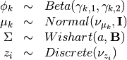 \begin{array}{rcl}
\phi_k   &\sim& Beta(\gamma_{k,1}, \gamma_{k,2}) \\
\mu_k   &\sim& Normal(\nu_{\mu_k},  \mathbf{I}) \\
\Sigma &\sim& Wishart(a, \mathbf{B}) \\
z_{i}     &\sim& Discrete(\nu_{z_i}) \\
\end{array}