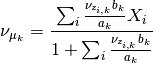 \nu_{\mu_k} = \frac{\sum_i \frac{\nu_{z_{i,k}}b_k}{a_k}X_i}{1+\sum_i \frac{\nu_{z_{i,k}}b_k}{a_k}}
