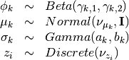 \begin{array}{rcl}
\phi_k   &\sim& Beta(\gamma_{k,1}, \gamma_{k,2}) \\
\mu_k   &\sim& Normal(\nu_{\mu_k},  \mathbf{I}) \\
\sigma_k &\sim& Gamma(a_{k}, b_{k}) \\
z_{i}     &\sim& Discrete(\nu_{z_i}) \\
\end{array}