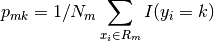 p_{mk} = 1/ N_m \sum_{x_i \in R_m} I(y_i = k)