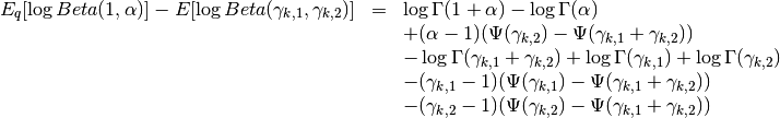 \begin{array}{rcl}
E_q[\log Beta(1,\alpha)] - E[\log Beta(\gamma_{k,1},\gamma_{k,2})]
&=&
\log \Gamma(1+\alpha) - \log \Gamma(\alpha) \\ &&
+(\alpha-1)(\Psi(\gamma_{k,2})-\Psi(\gamma_{k,1}+\gamma_{k,2})) \\ &&
- \log \Gamma(\gamma_{k,1}+\gamma_{k,2}) + \log \Gamma(\gamma_{k,1}) +
\log \Gamma(\gamma_{k,2}) \\ &&
-
(\gamma_{k,1}-1)(\Psi(\gamma_{k,1})-\Psi(\gamma_{k,1}+\gamma_{k,2}))
\\ &&
-
(\gamma_{k,2}-1)(\Psi(\gamma_{k,2})-\Psi(\gamma_{k,1}+\gamma_{k,2}))
\end{array}